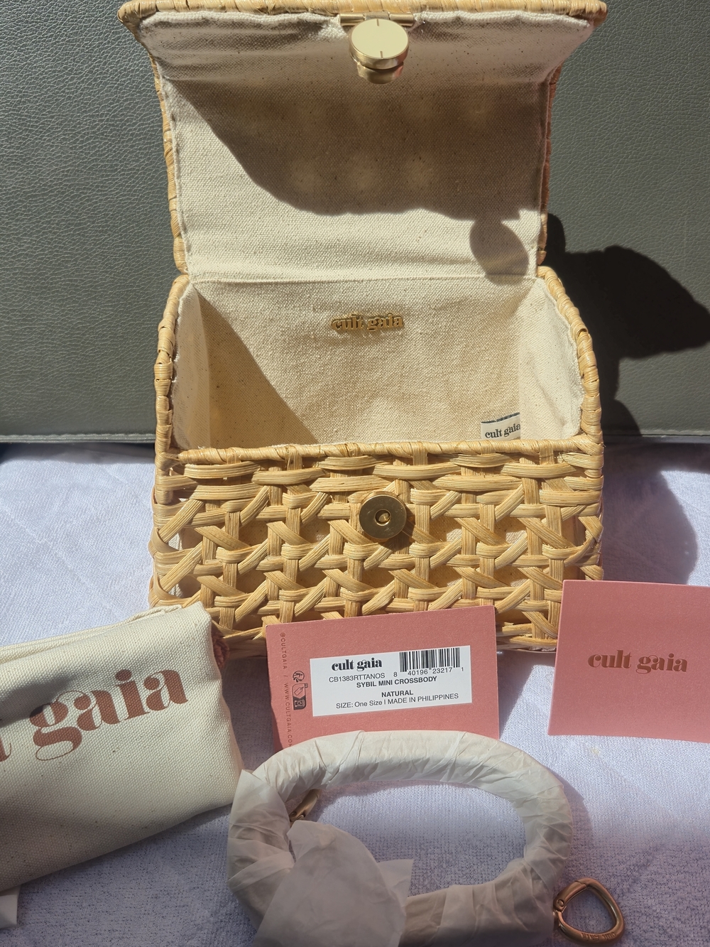 cult gaia natural woven Sybil CrossBody mini box bag in beige